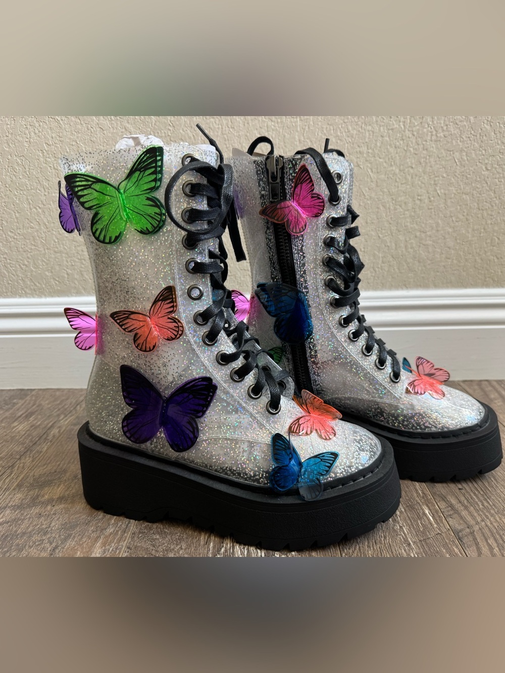 Dolls Kill Club Exx Terrarium Butterfly Boots Silver Glitter Platform 8